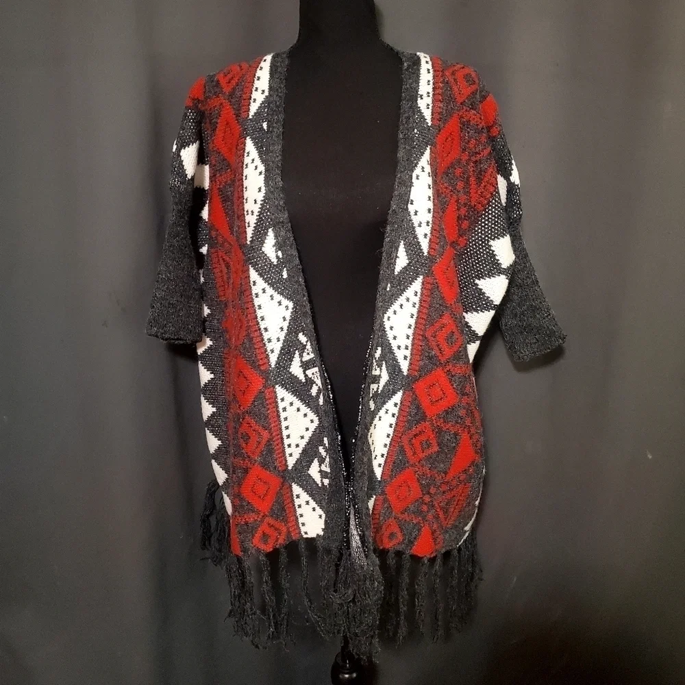 Women's Coco + Carmen Red Grey White Short Sleeves Tribal Sweater Tassels L/XL